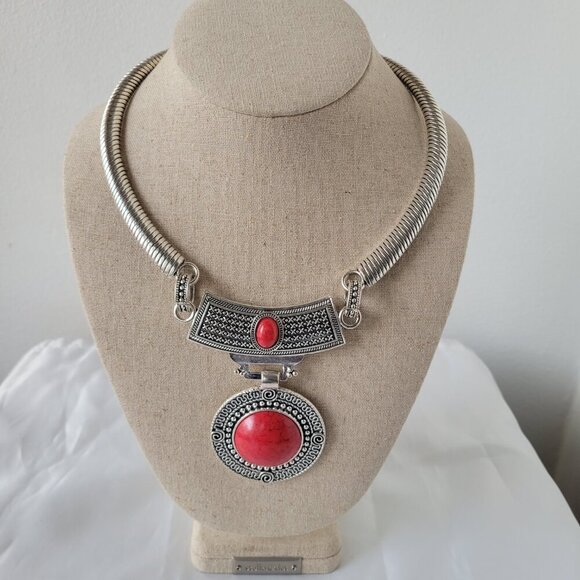 NWT - Boho Vintage Tribal Red Stone Necklace, Earrings & Bracelet Jewelry Set - Picture 3 of 12